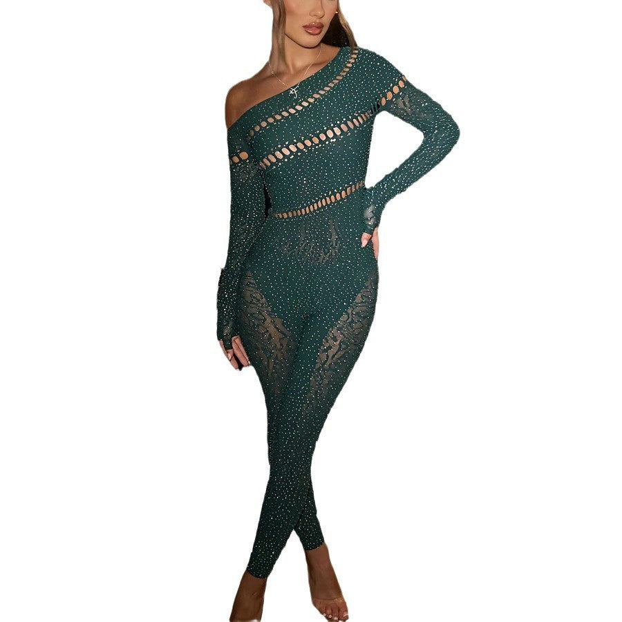 One-piece Long Sleeves Hot  Shiny Fishnet