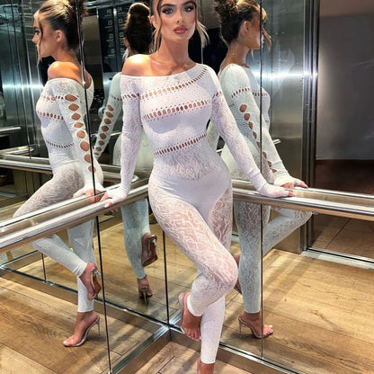 One-piece Long Sleeves Hot  Shiny Fishnet