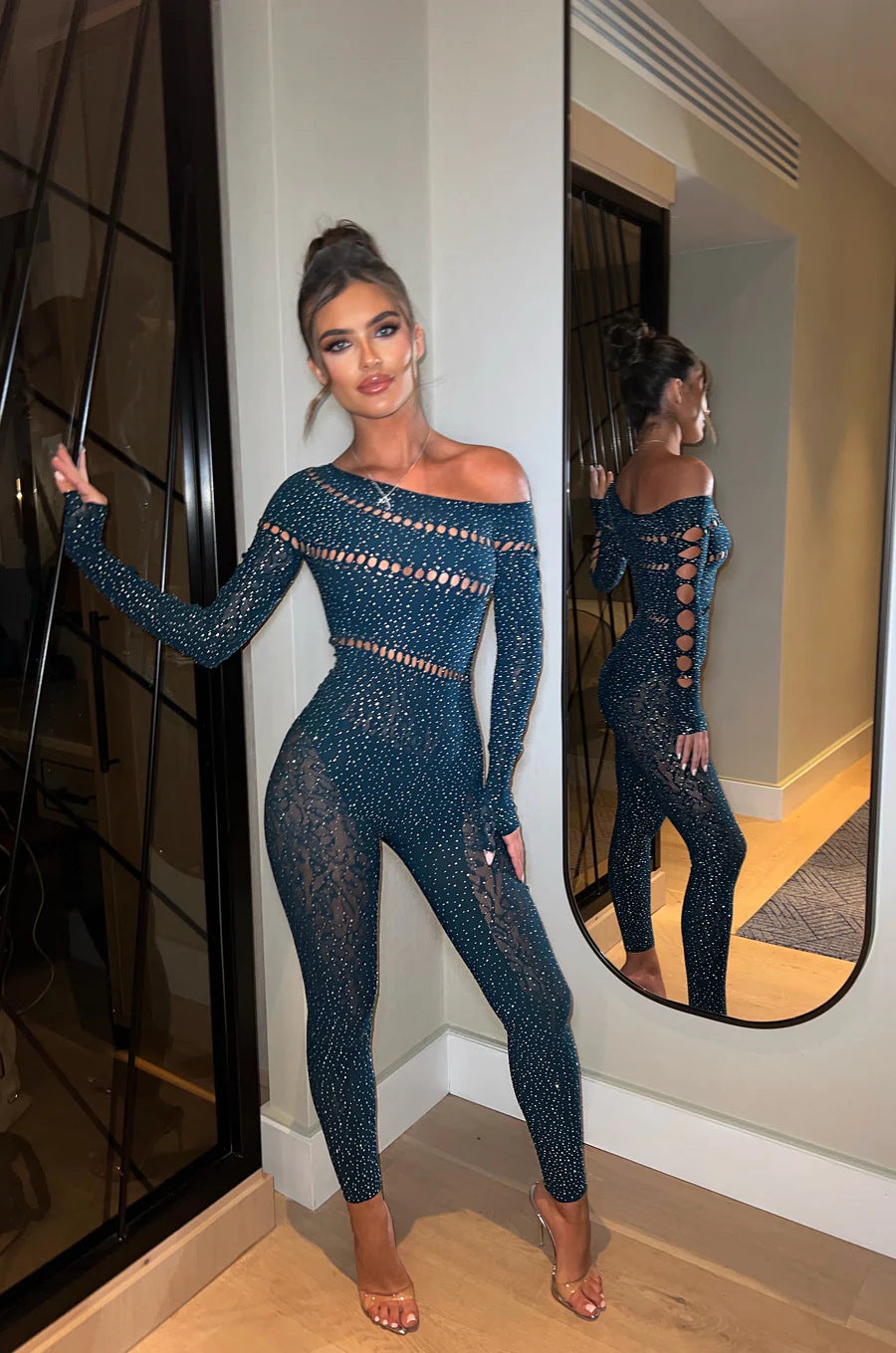 One-piece Long Sleeves Hot  Shiny Fishnet