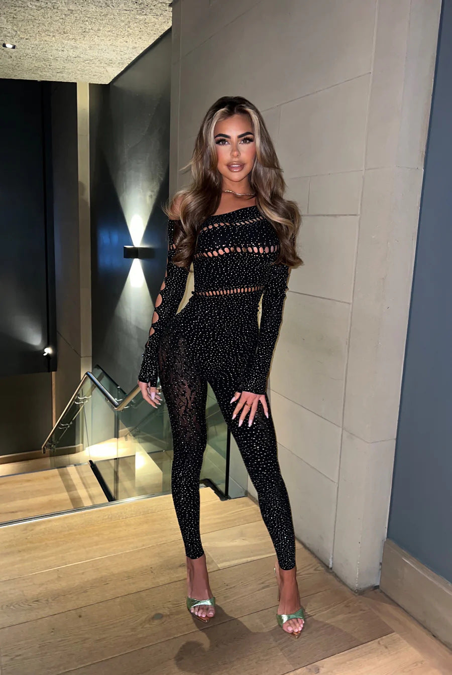 One-piece Long Sleeves Hot  Shiny Fishnet