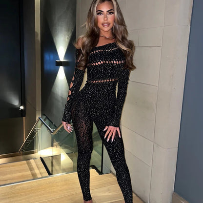 One-piece Long Sleeves Hot  Shiny Fishnet